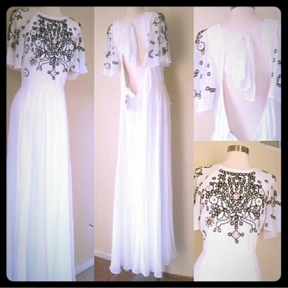 White flutter sleeve maxi dress with beads